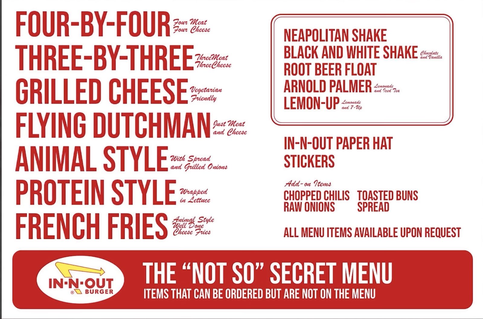 Everything above the fold on In-N-Out's own printed card. "All menu items available upon request" is doing a lot of quiet work at the bottom.