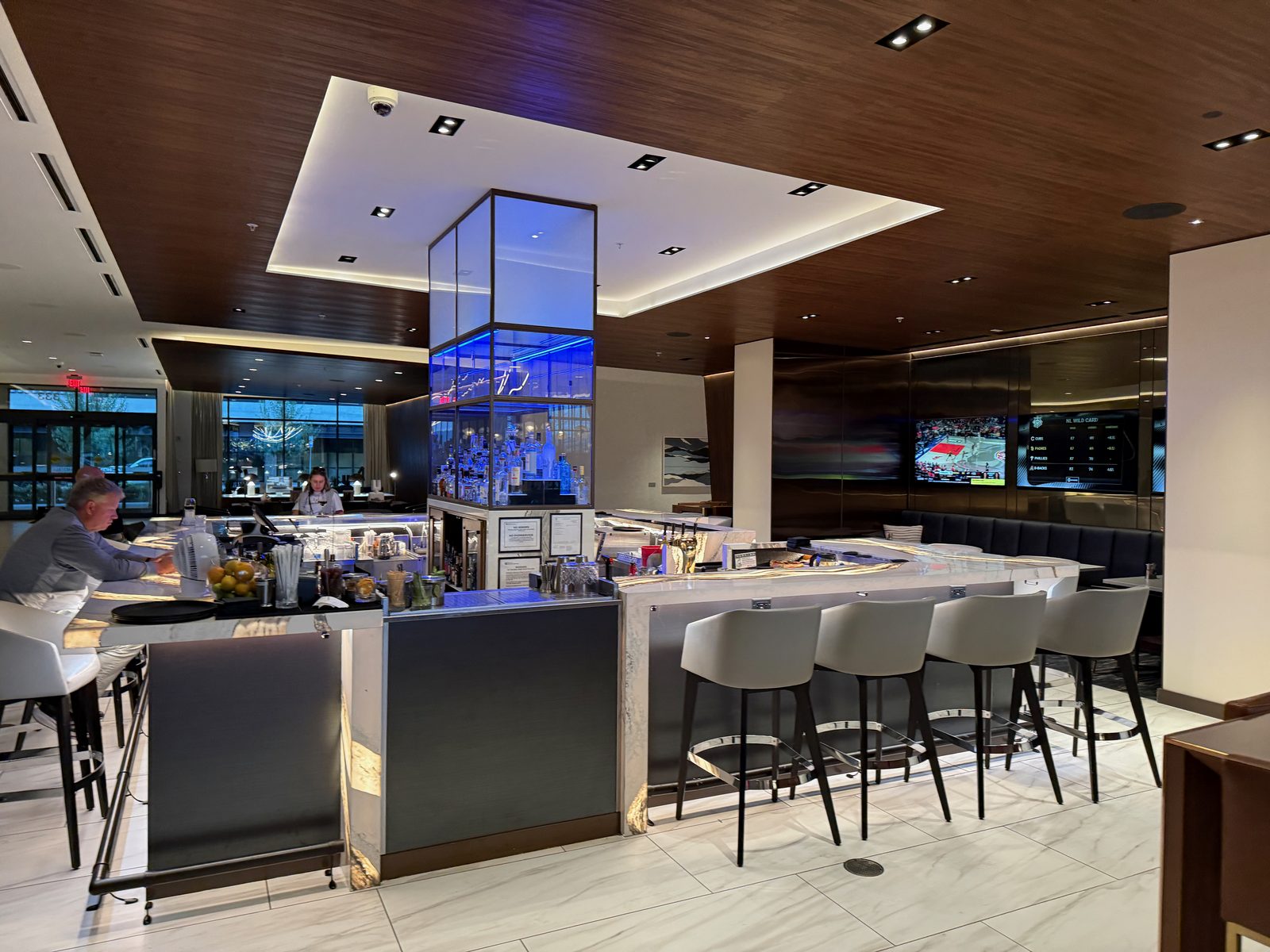 The bar, mid-service, blue light and all.