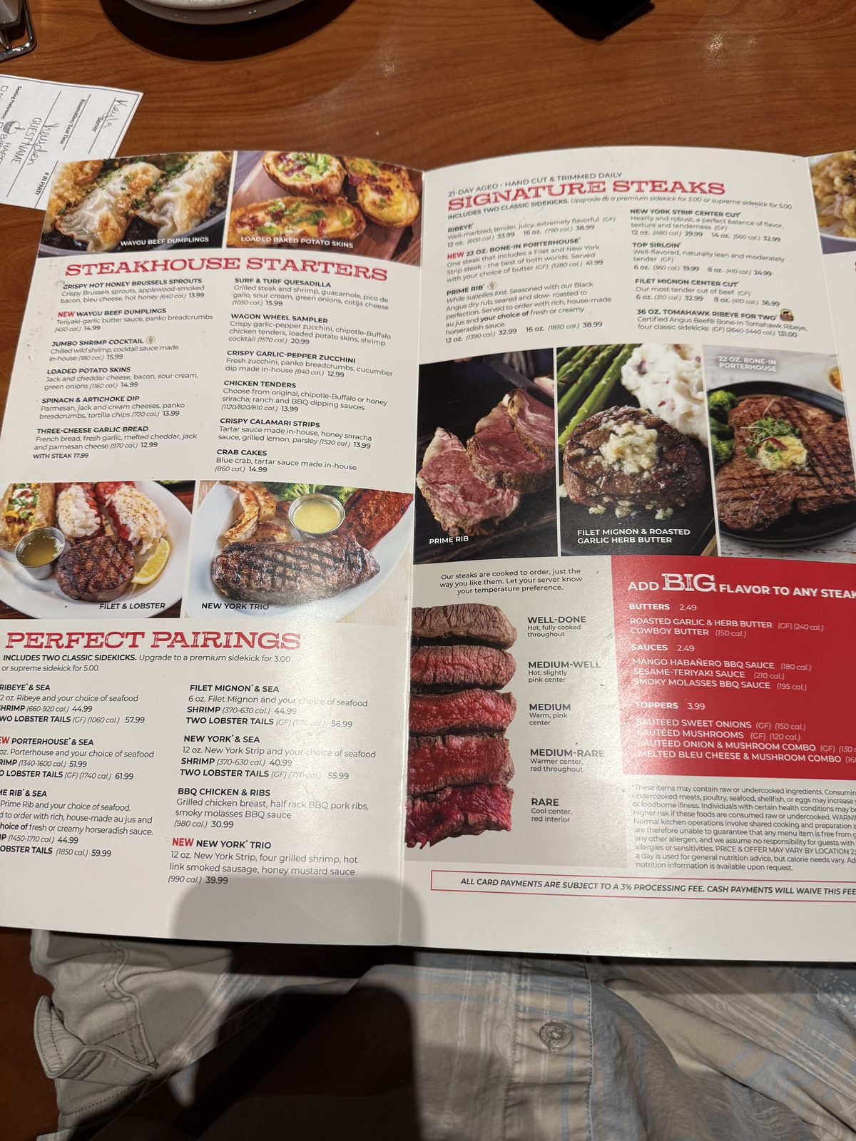 Starters and the full steak lineup, prices included, if you're planning ahead.