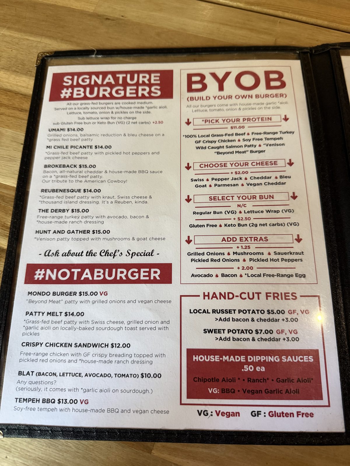 The BYOB column is the real menu. Pick a protein, a cheese, a bun — or a lettuce wrap at no charge.