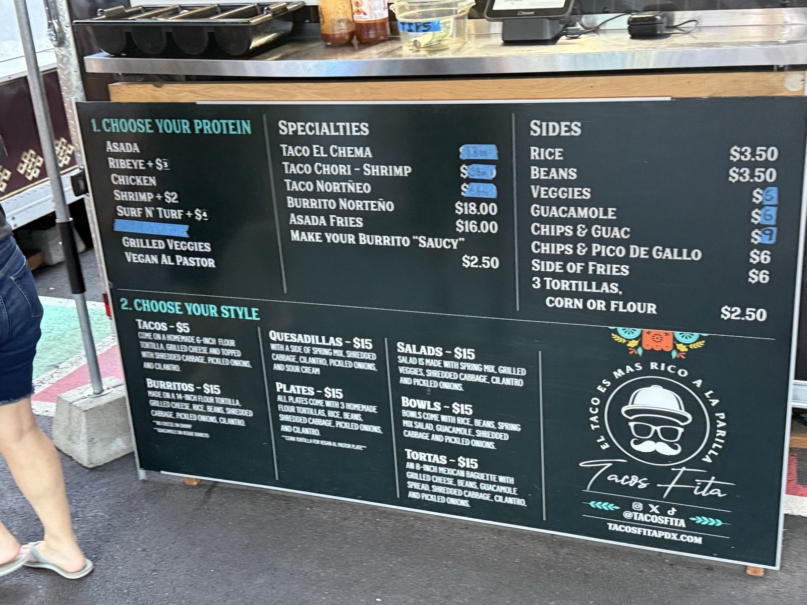 The full menu — asada is the protein to get, and the tacos build exactly the way they taste.