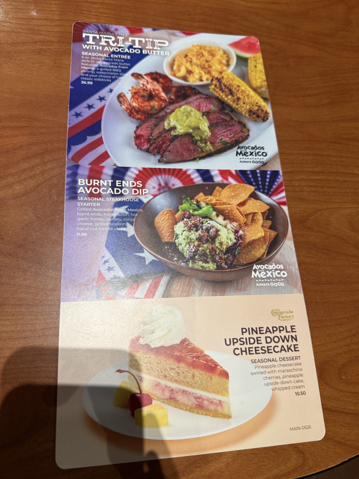 The seasonal specials card. The dessert program runs through the Cheesecake Factory Bakery.