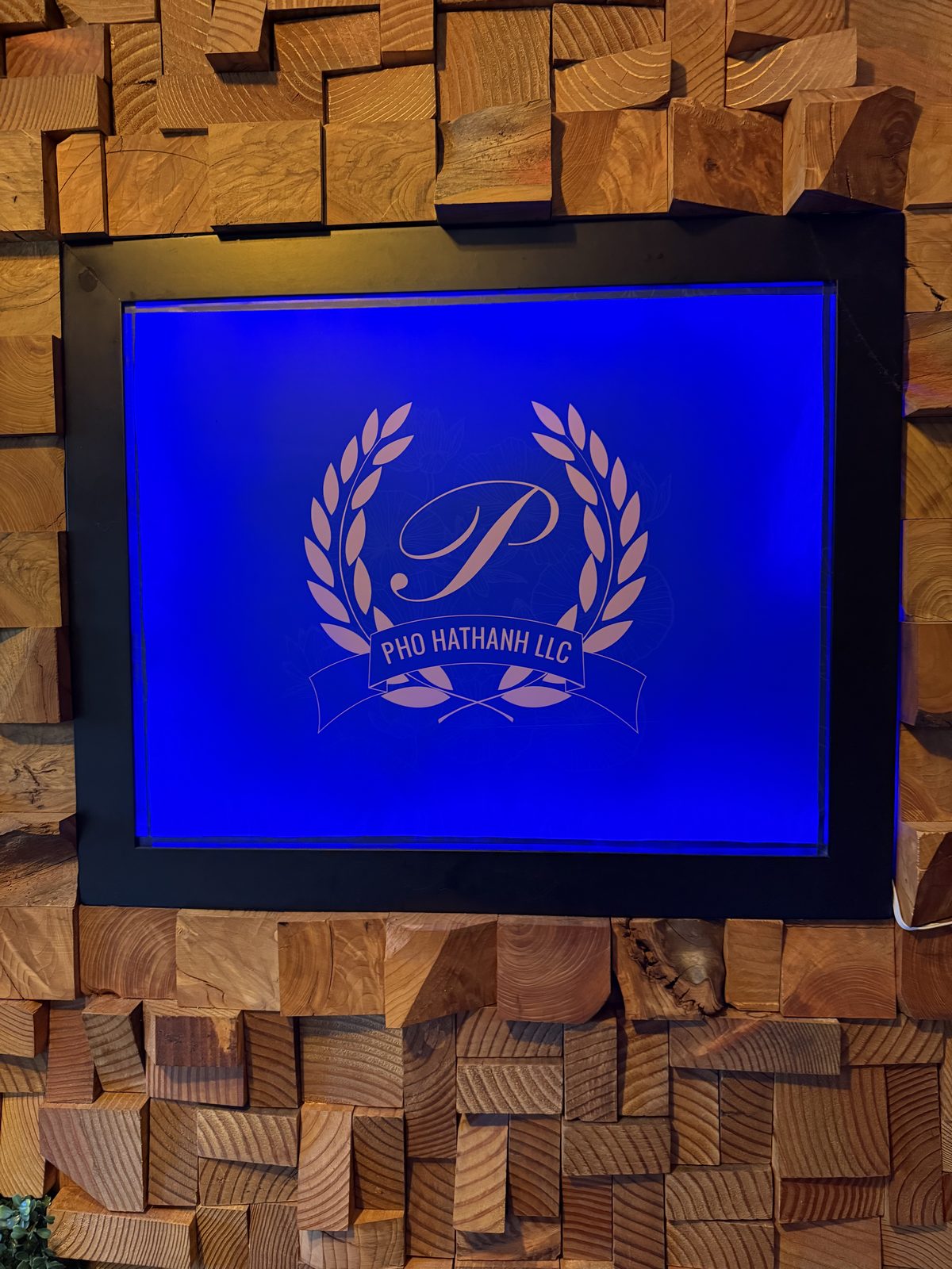 The same crest, lit up on the wall inside.