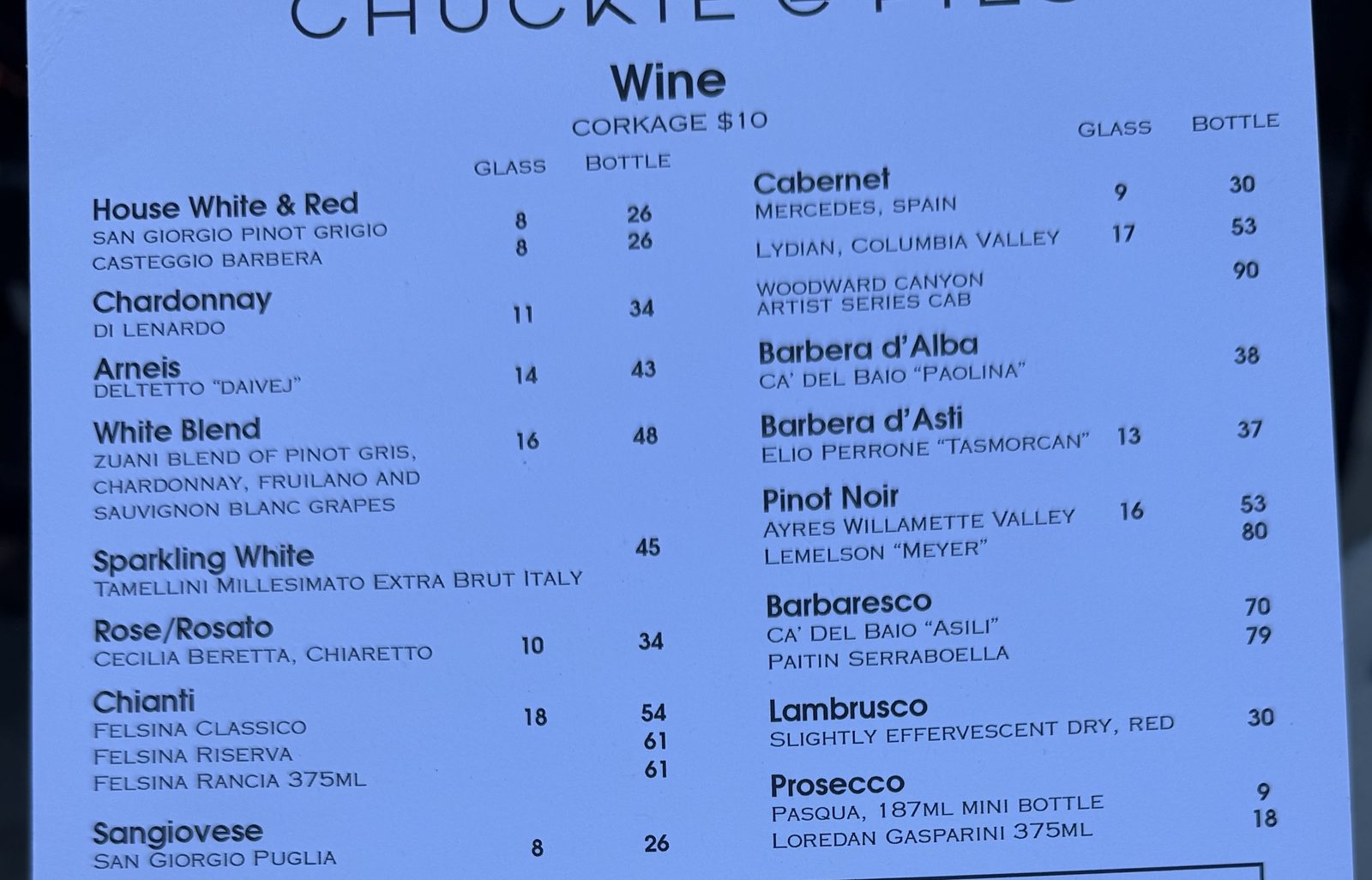 Corkage $10, and half-bottles for two. On a list at a pizza restaurant.